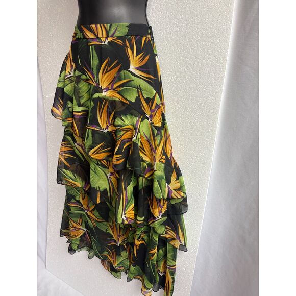Asos Black Tropical Midi Skirt Tiered Chiffon Size 6 Romantic Flowy Date Floral - Picture 3 of 9